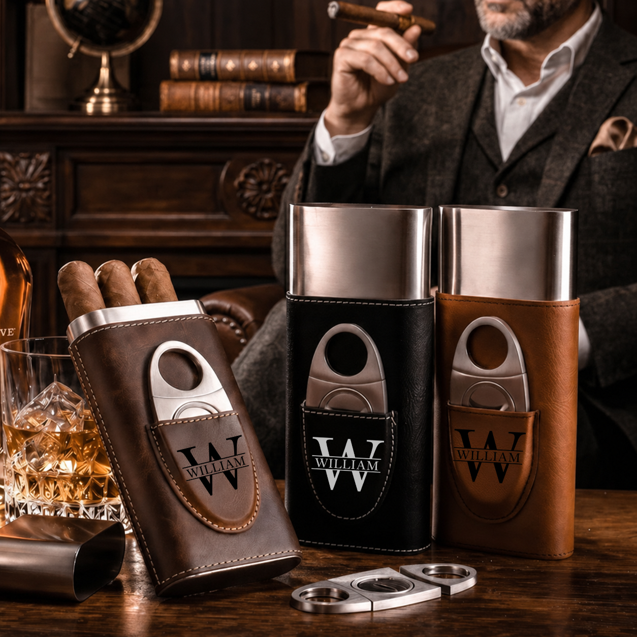 In The Backyard - Gift For Him, Travel Leather Case With Cutter - Personalized Cigar Case