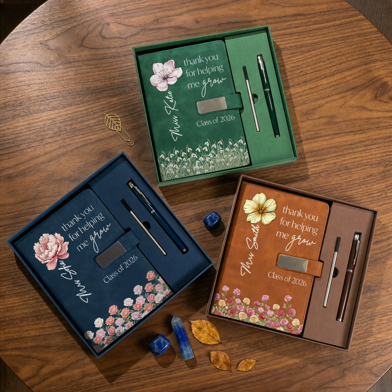 Teacher Gifts Thank You for Helping Us Grow - Personalized Leather Notebook Set