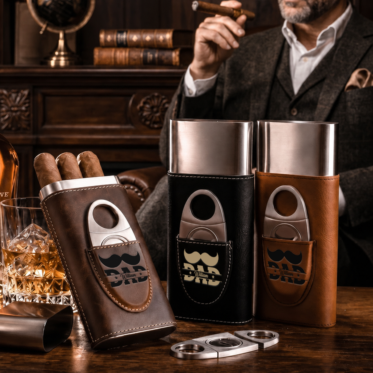 250 Years Of Freedom - Gift For Him, Travel Leather Case With Cutter - Personalized Cigar Case
