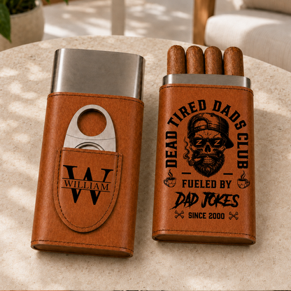 Dead Tired Dads Club - Gift For Him, Travel Leather Case With Cutter - Personalized Cigar Case