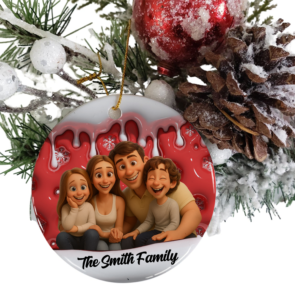 Funny Family Photo Christmas Gift For Family - Personalized Custom Circle Ceramic Ornament