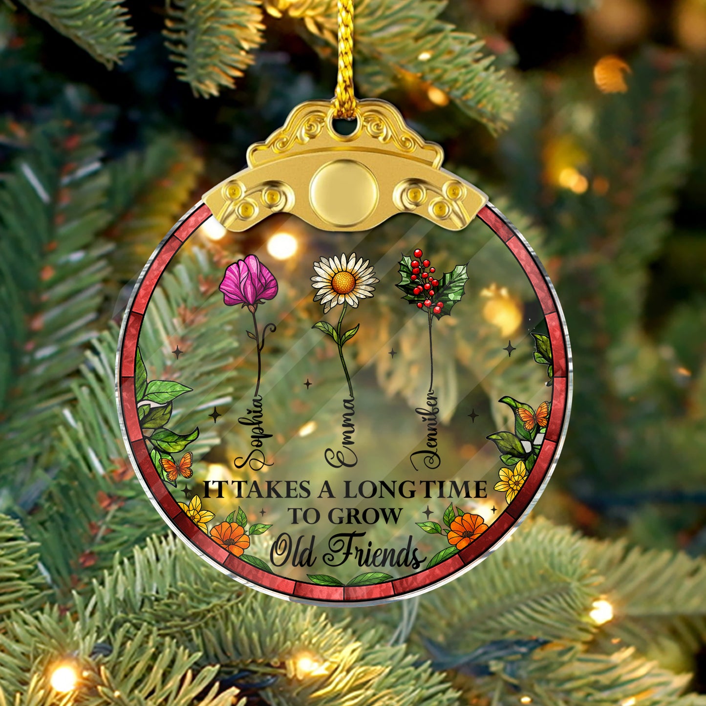 It Takes Long Time Old Friends - Personalized Glass Ornament With Silver and Gold Cap