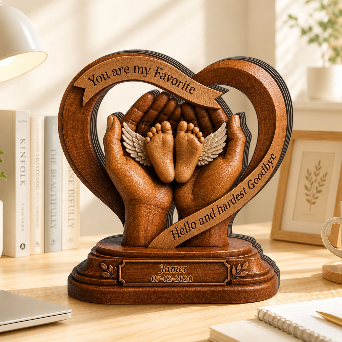 Baby Memorial Heart Wooden - Personalized Memorial Wooden Sign - Custom Angel Figure Block, Sympathy Gift