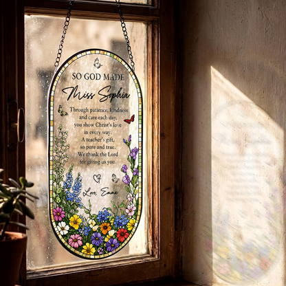 So God Made Christian Teacher - Personalized Oval Stained Glass Suncatcher