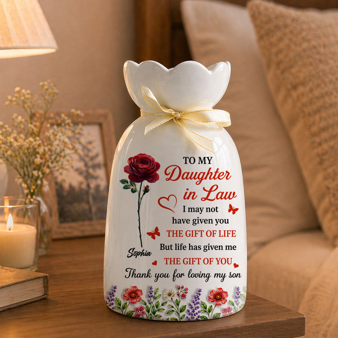 A Daughter By Heart - Custom 3D Inflated Effect - Personalized Custom Ribbon Tie Flower Vase