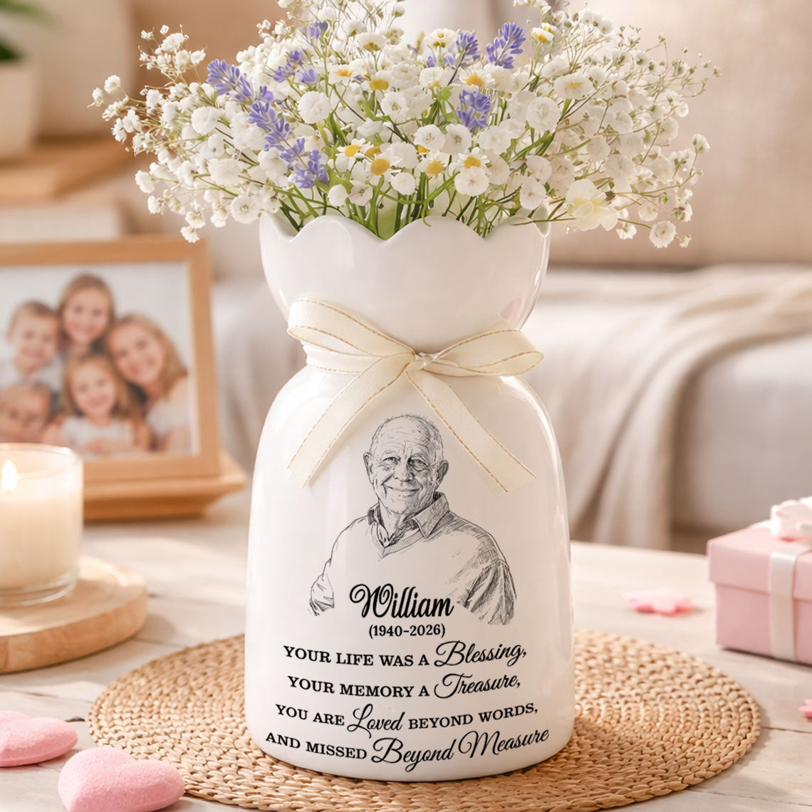 Custom Photo Pencil Sketch Memorial - Personalized Custom Ribbon Tie Flower Vase