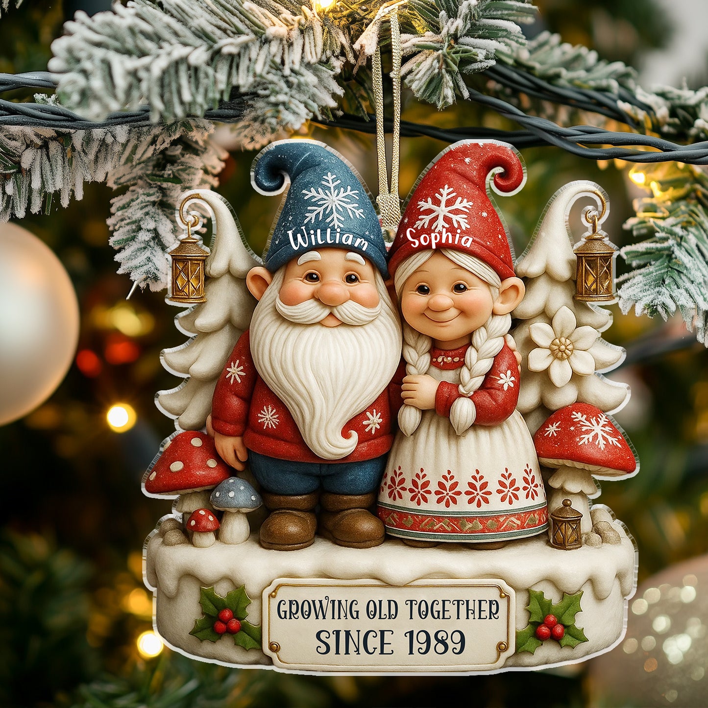 3D Effect Gnome Couple Together - Personalized Acrylic Ornament