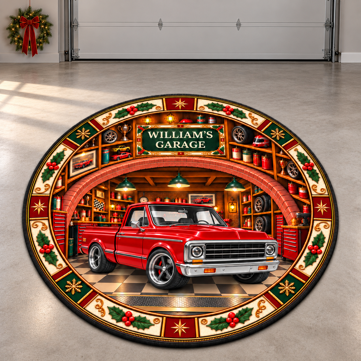 Christmas Garage Round Mat  - Personalized Quilted Mat Custom Shaped Doormat - Christmas Decor 3D Round Rug