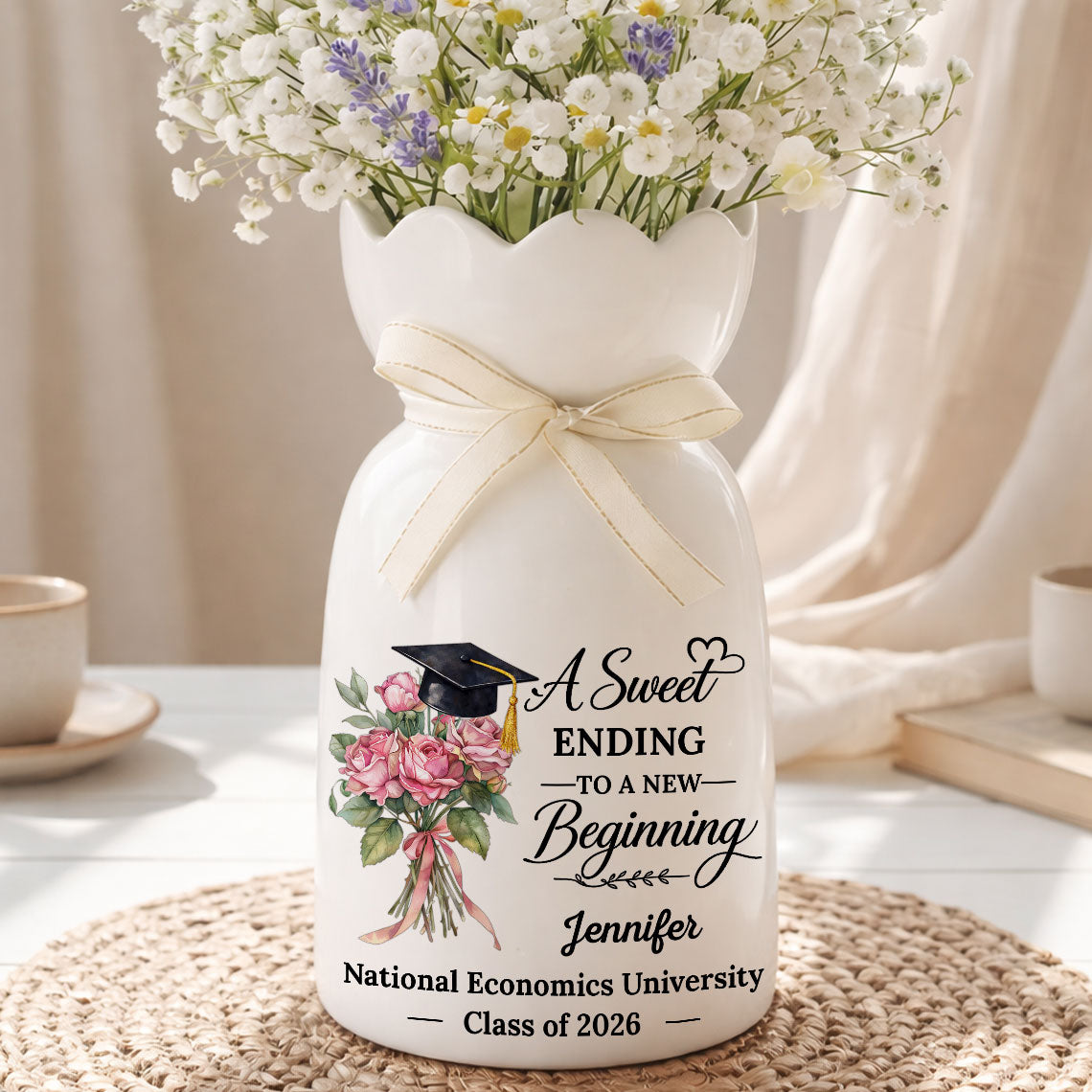A Sweet Ending To A New Beginning - Personalized Custom Ribbon Tie Flower Vase