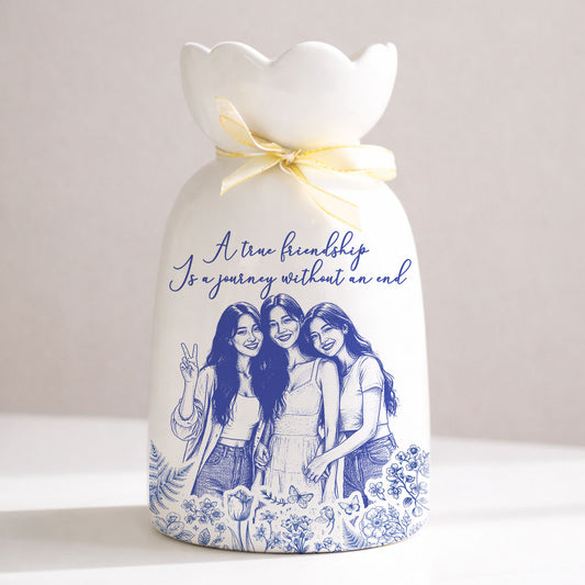 Custom Photo Pencil Sketch A True Friendship Is A Journey Without An End - Personalized Custom Ribbon Tie Flower Vase