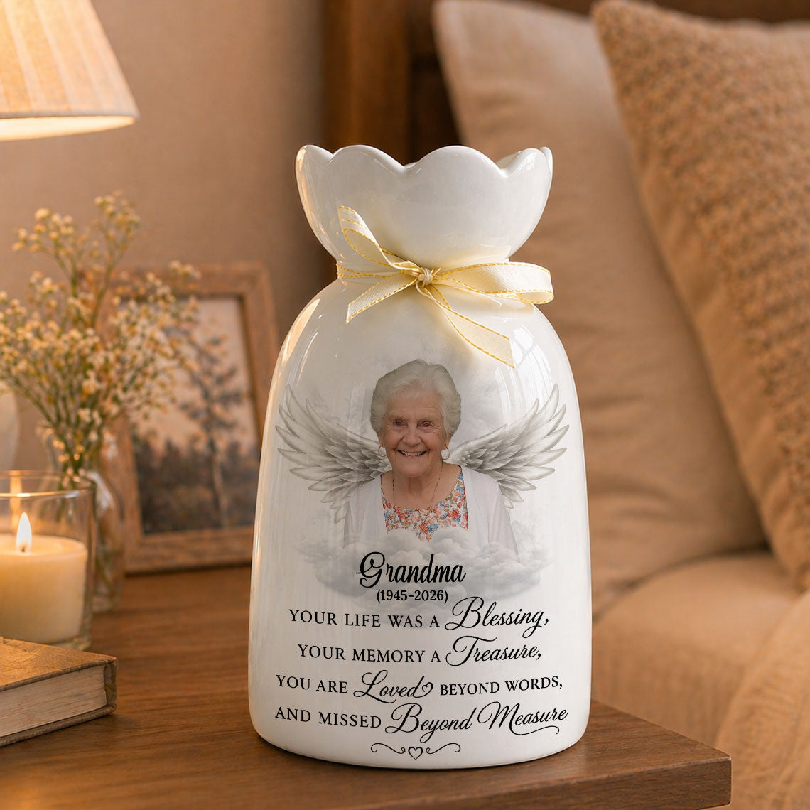 Custom Photo Pencil Sketch Your Life Was A Blessing- Personalized Custom Ribbon Tie Flower Vase