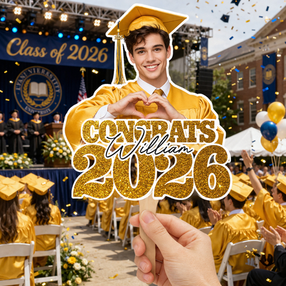 Class Of 2026 Personalized Congrats Face Fans With Wooden Handle - Fans Faces