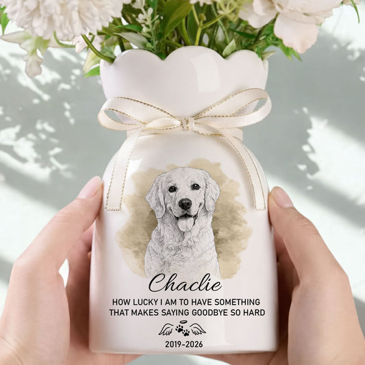 Custom Photo Pencil Sketch Art How Lucky I Am Pet Loss - Personalized Custom Ribbon Tie Flower Vase