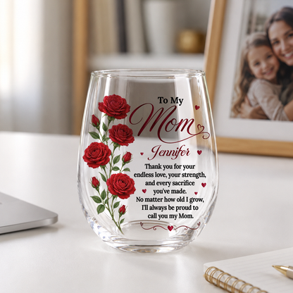 To My Mom Personalized Stemless Clear Glass – Custom Name & Birth Month Flower Gift Glass, 15oz, Mothers Birthday Gift