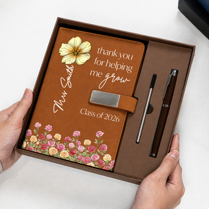 Teacher Gifts Thank You for Helping Us Grow - Personalized Leather Notebook Set