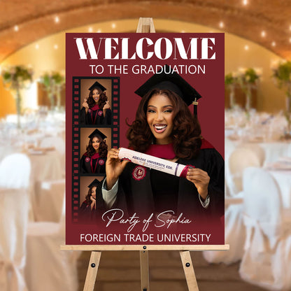 Congrats Graduation Red Theme - Personalized Graduation Welcome Sign - Custom Photo Welcome Sign