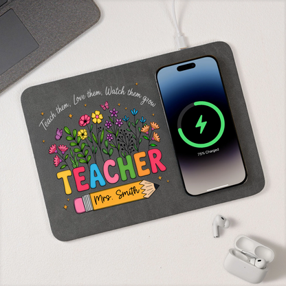 Love Them Watch Them Grow Teacher Gifts - Personalized Leather Charging Mat