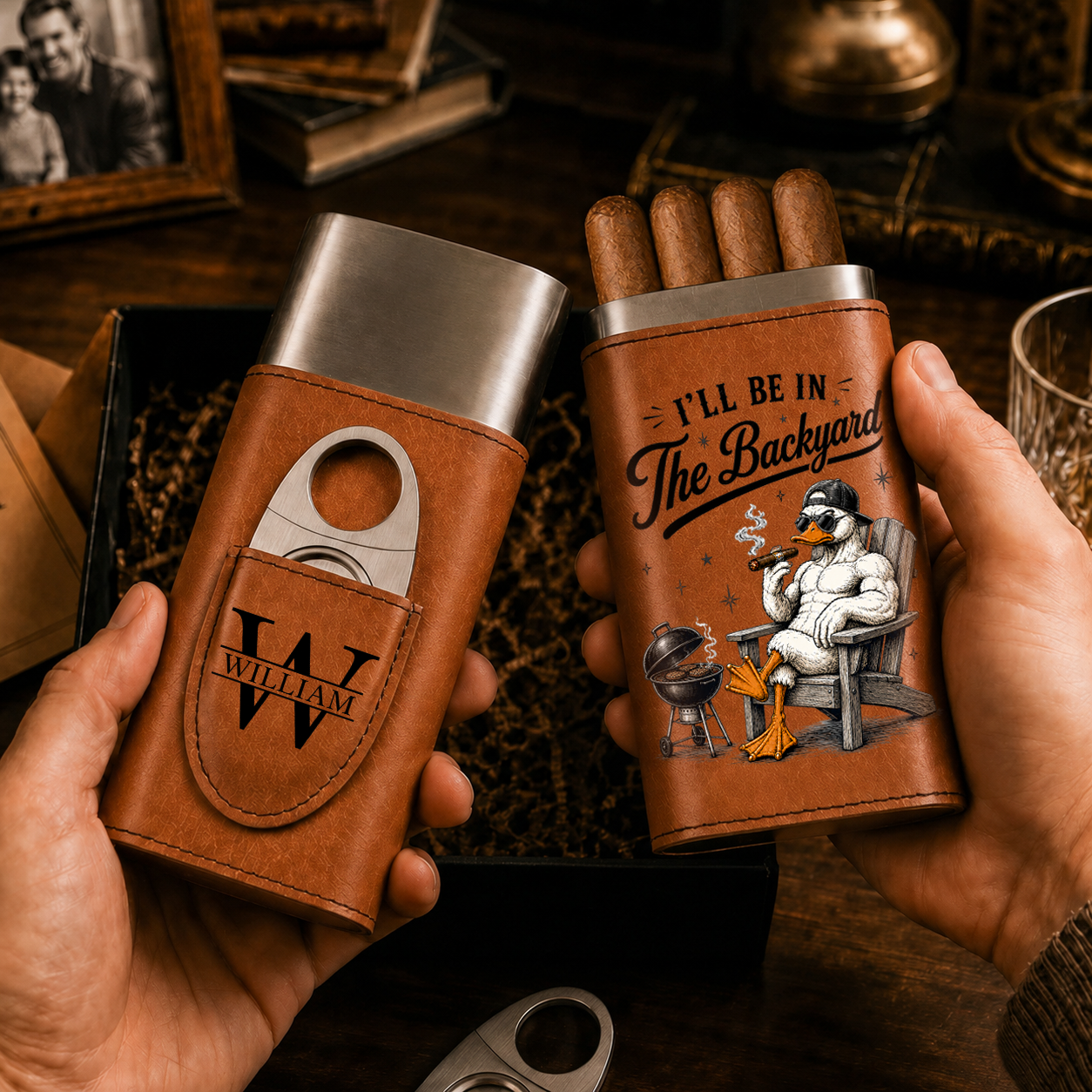 In The Backyard - Gift For Him, Travel Leather Case With Cutter - Personalized Cigar Case