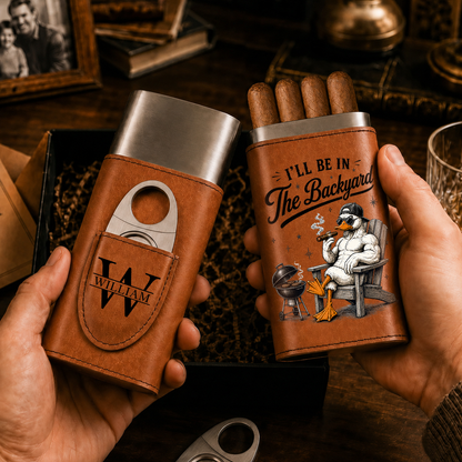 In The Backyard - Gift For Him, Travel Leather Case With Cutter - Personalized Cigar Case