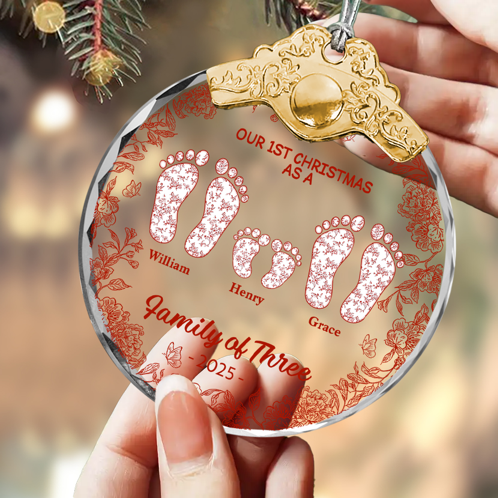 First Christmas As A Family Of Four Toile Footprints - Personalized Glass Ornament With Silver and Gold Cap
