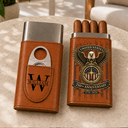 250 Years Of Amecrica - Gift For Him, Travel Leather Case With Cutter - Personalized Cigar Case