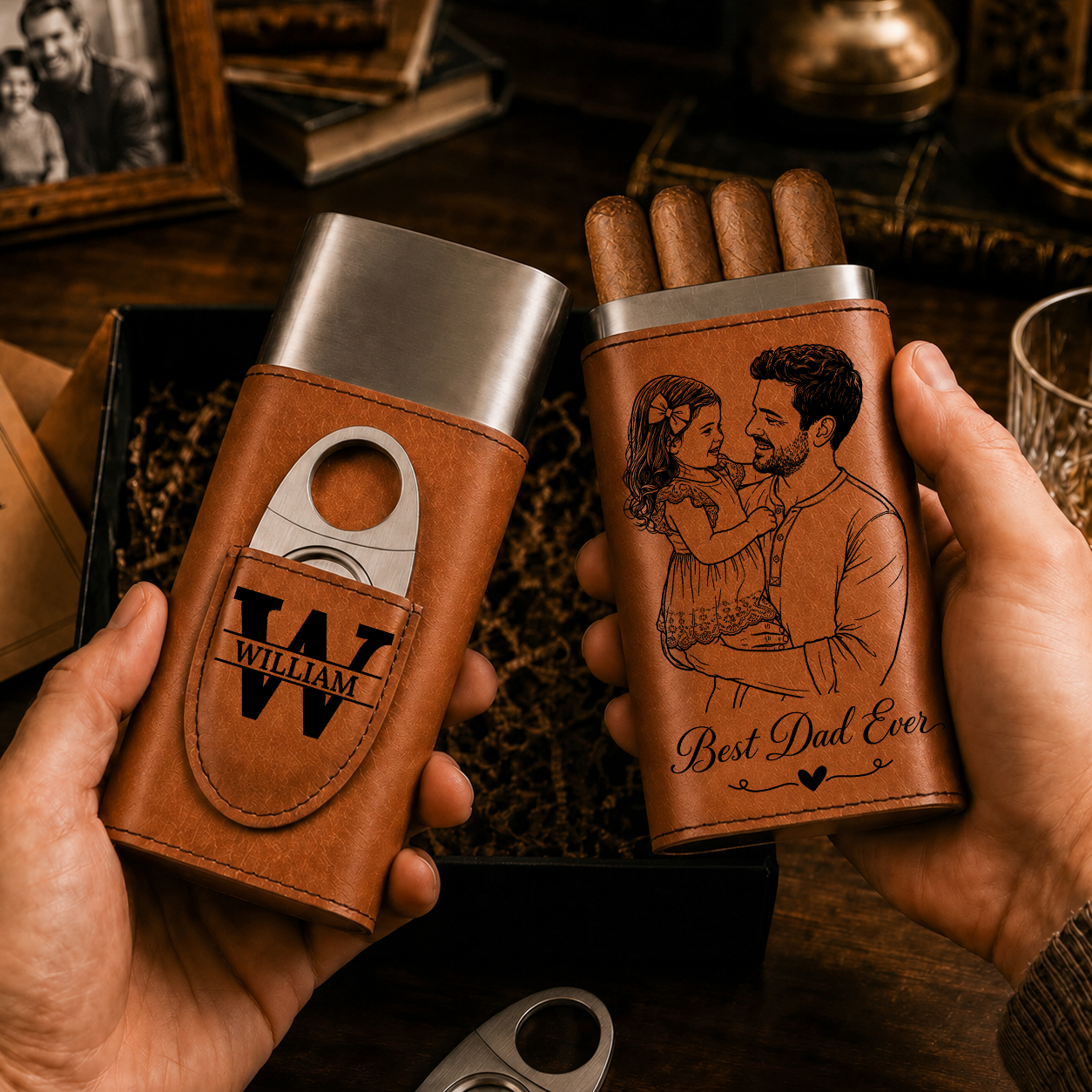 I’ll Be In The Backyard - Gift For Him, Travel Leather Case With Cutter - Personalized Cigar Case