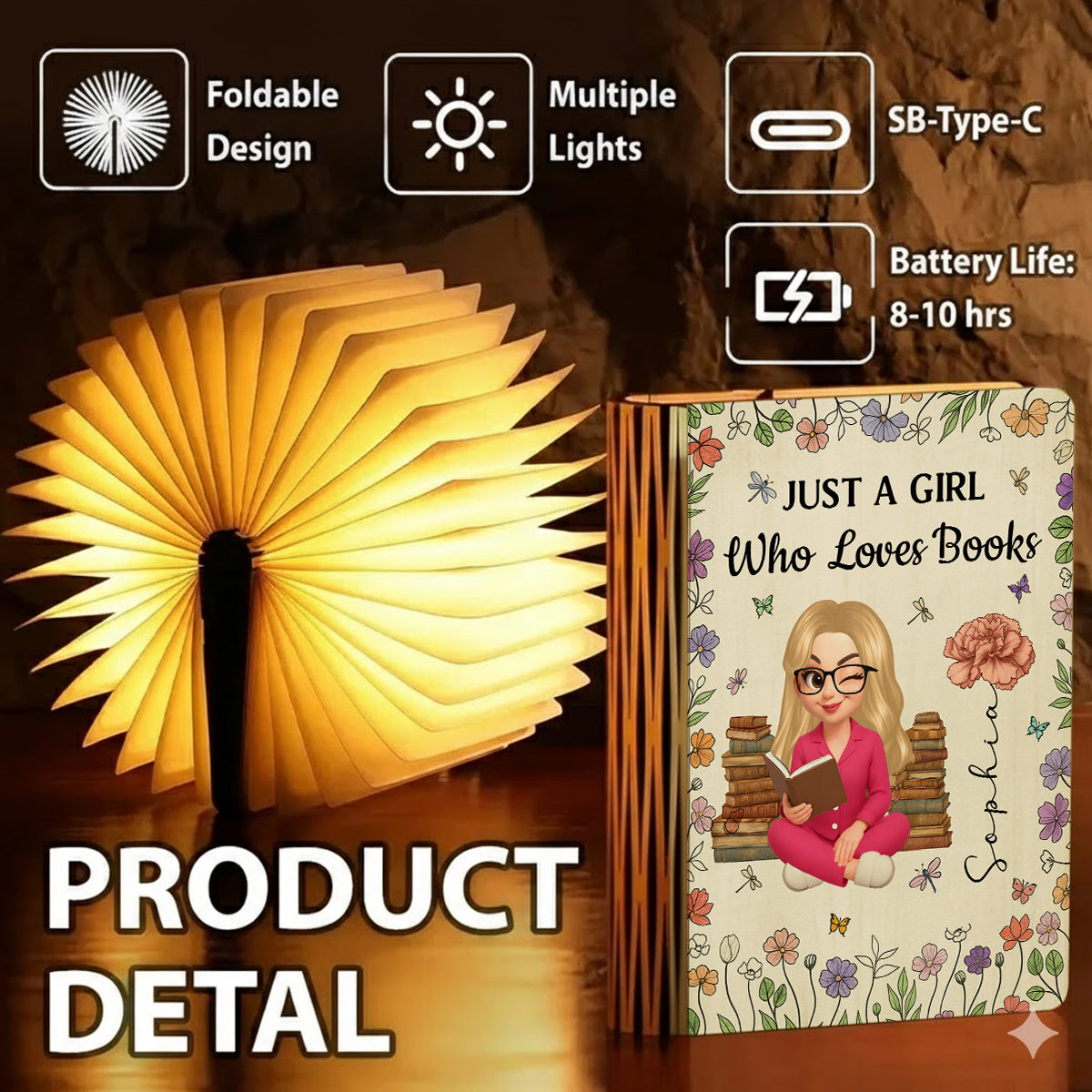 Reading Girl With Birth Month Flowers - Personalized Book Lamp - Book Lovers