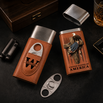 250 Years Of Freedom - Gift For Him, Travel Leather Case With Cutter - Personalized Cigar Case