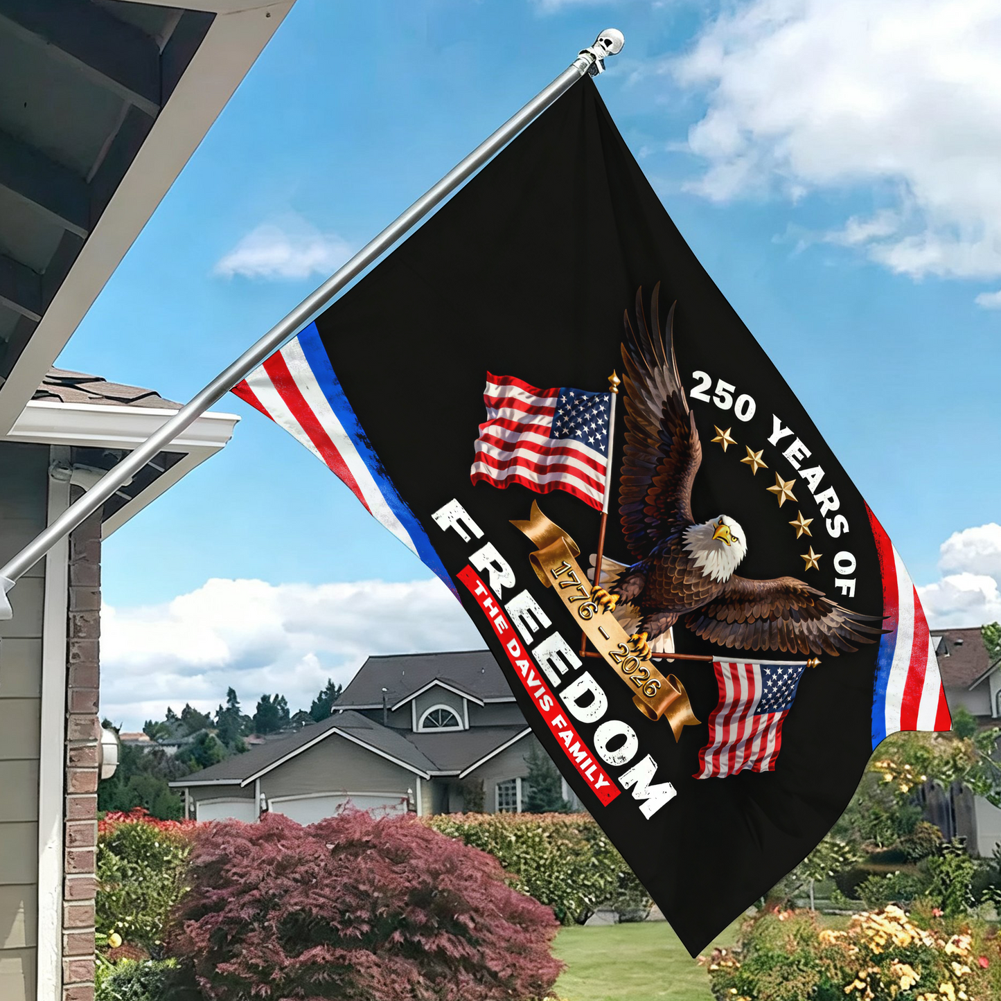 Custom Family Name 250 Years of Freedom American Flag - Semiquincentennial Eagle Flag - Personalized House Flag