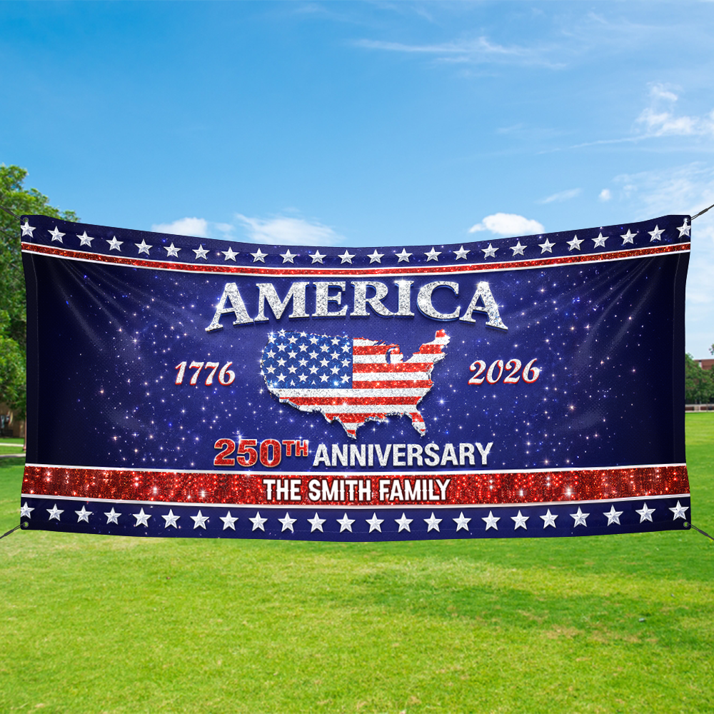 Personalized Family Name America 250th Anniversary Banner - Patriotic 2026 Outdoor Decor - Custom Door Banner