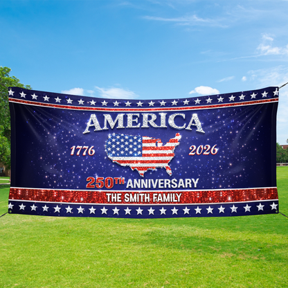 Personalized Family Name America 250th Anniversary Banner - Patriotic 2026 Outdoor Decor - Custom Door Banner