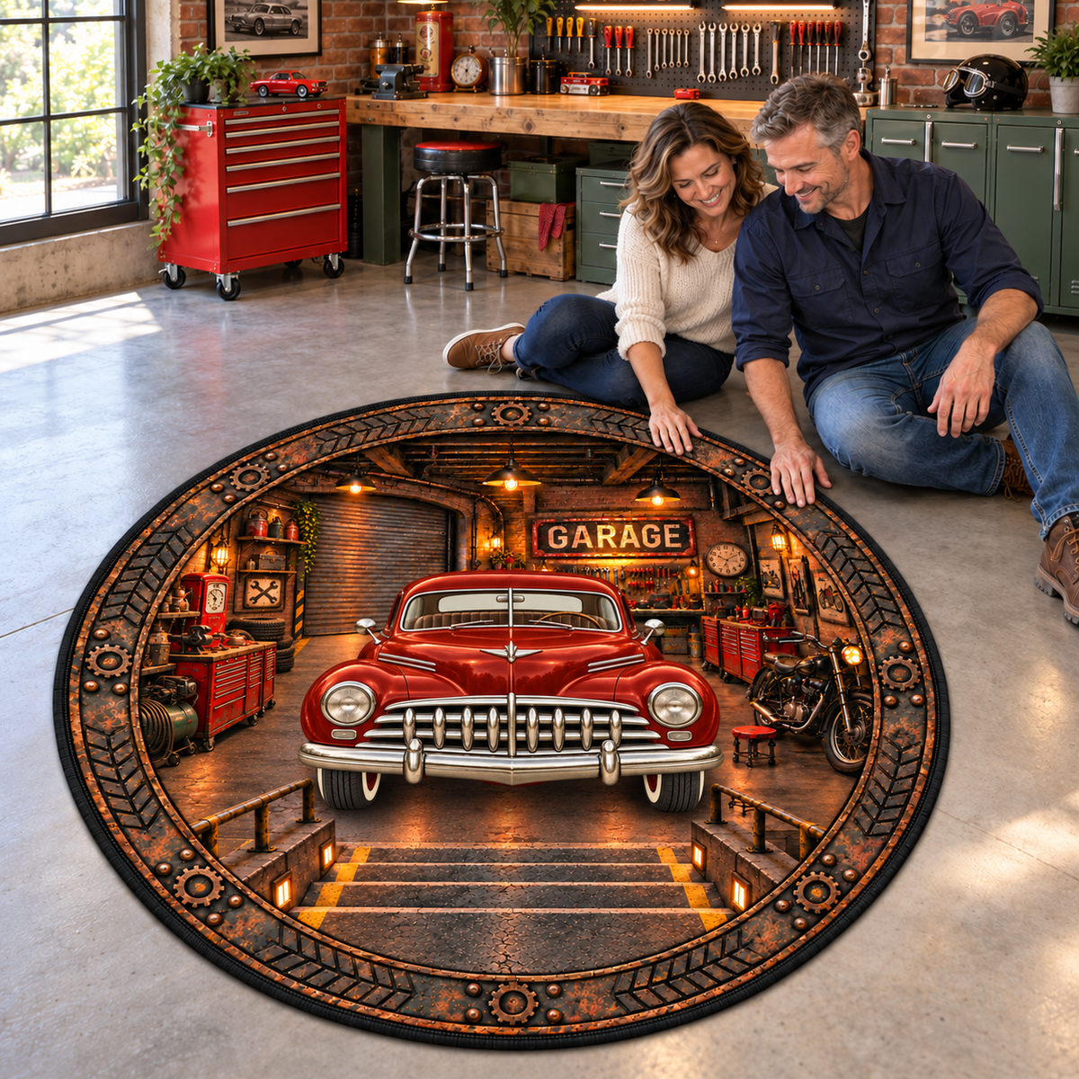 Christmas Vinatge Garage Round Mat - Personalized Quilted Mat Custom Shaped Doormat - Christmas Decor 3D Round Rug