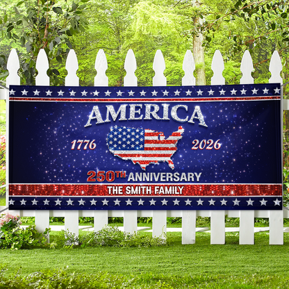 Personalized Family Name America 250th Anniversary Banner - Patriotic 2026 Outdoor Decor - Custom Door Banner