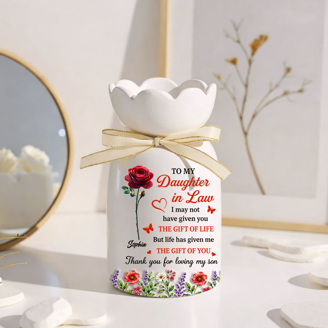 A Daughter By Heart - Custom 3D Inflated Effect - Personalized Custom Ribbon Tie Flower Vase