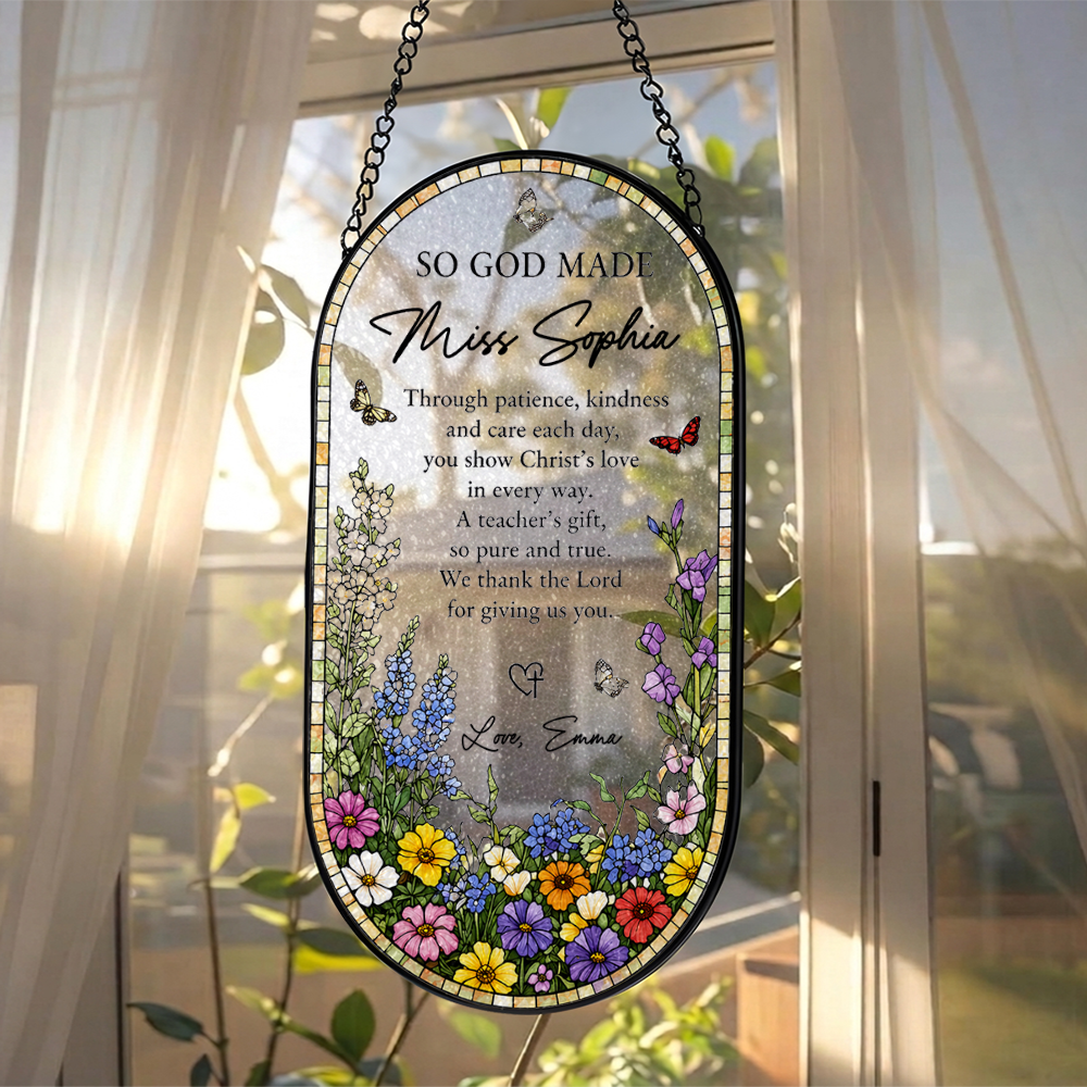 So God Made Christian Teacher - Personalized Oval Stained Glass Suncatcher