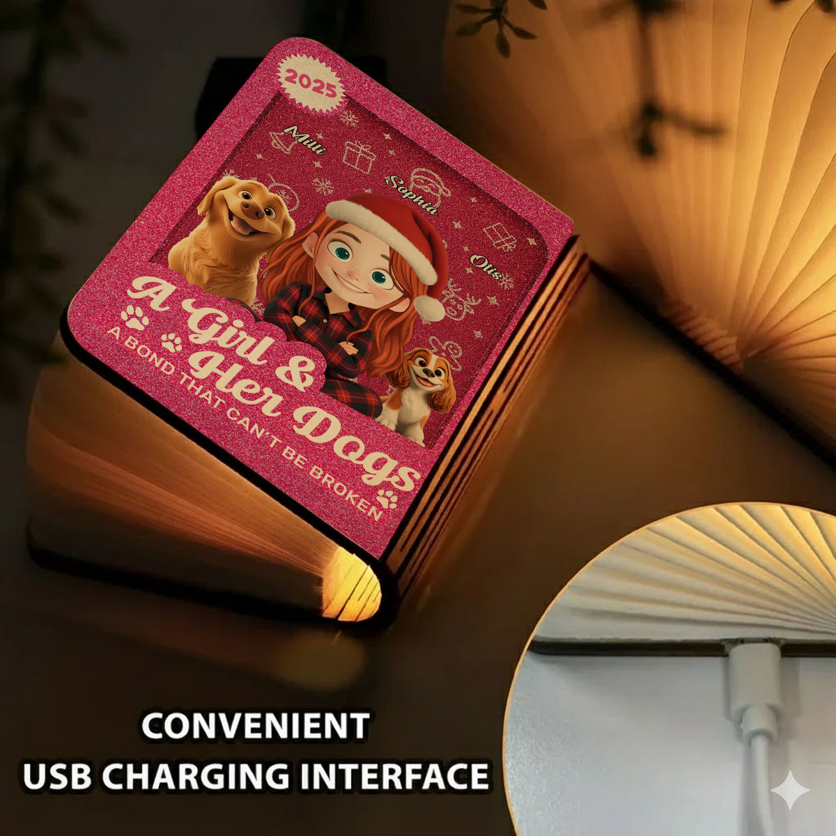 A Girl And Her Dogs Cartoonize Style - Personalized Book Lamp