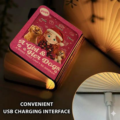 A Girl And Her Dogs Cartoonize Style - Personalized Book Lamp
