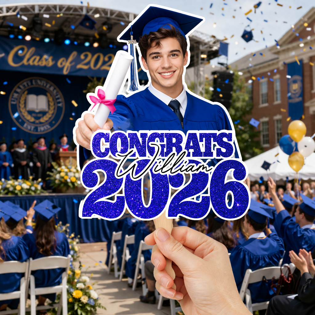 Class Of 2026 Personalized Congrats Face Fans With Wooden Handle - Fans Faces