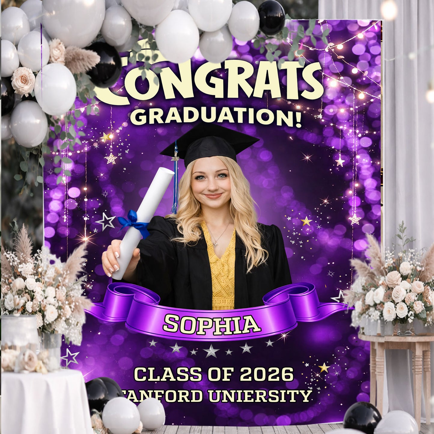 Colorful Custom Graduation Party Backdrop - Personalized Congrats Graduation Backdrop