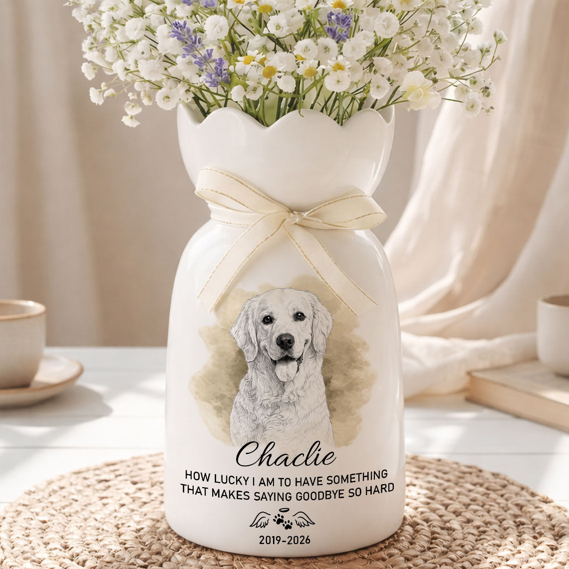 Custom Photo Pencil Sketch Art How Lucky I Am Pet Loss - Personalized Custom Ribbon Tie Flower Vase
