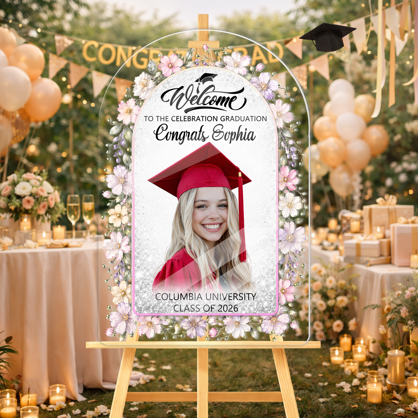 Floral Class Of 2026 Graduation - Personalized Graduation Welcome Sign - Custom Acrylic Celebration Sign