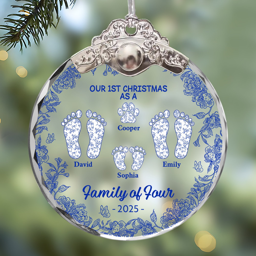 First Christmas As A Family Of Four Toile Footprints - Personalized Glass Ornament With Silver and Gold Cap