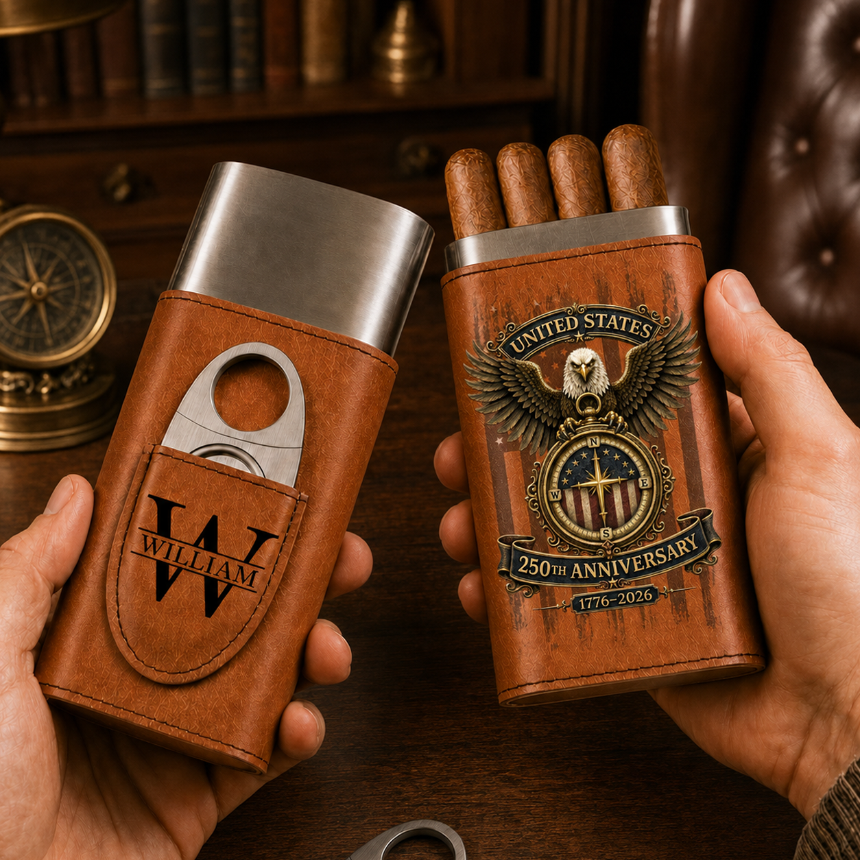 250 Years Of Amecrica - Gift For Him, Travel Leather Case With Cutter - Personalized Cigar Case