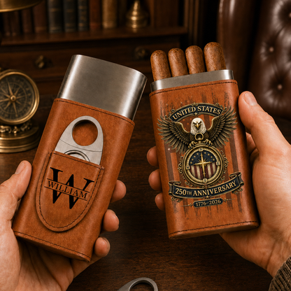 250 Years Of Amecrica - Gift For Him, Travel Leather Case With Cutter - Personalized Cigar Case