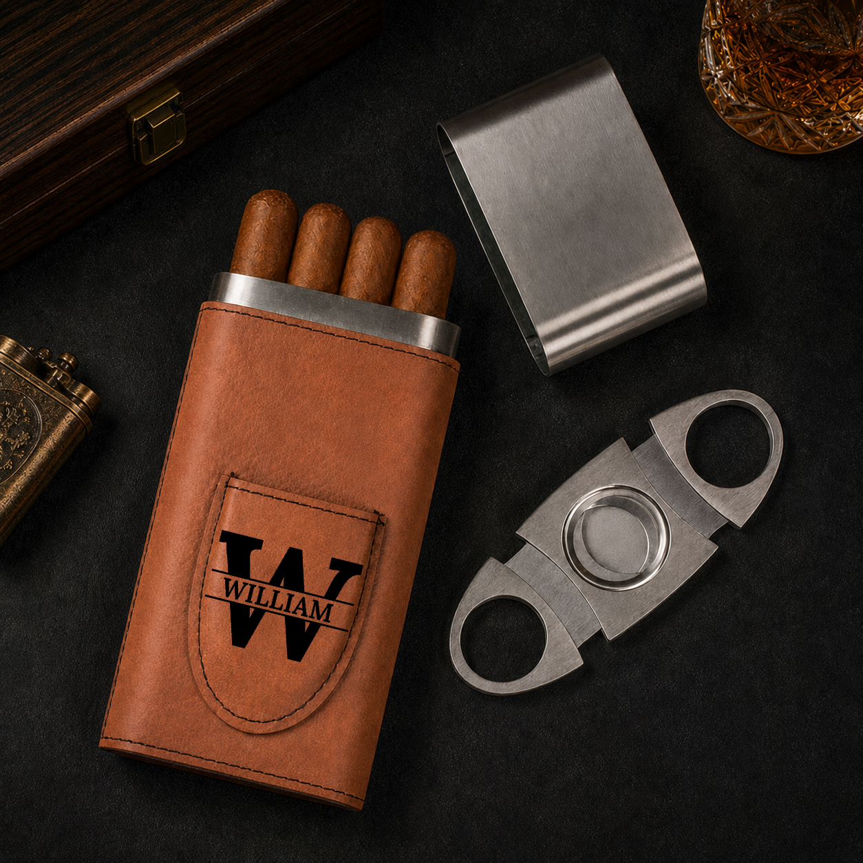 I’ll Be In The Backyard - Gift For Him, Travel Leather Case With Cutter - Personalized Cigar Case