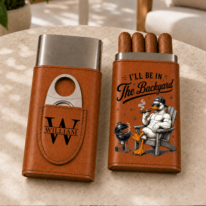 In The Backyard - Gift For Him, Travel Leather Case With Cutter - Personalized Cigar Case