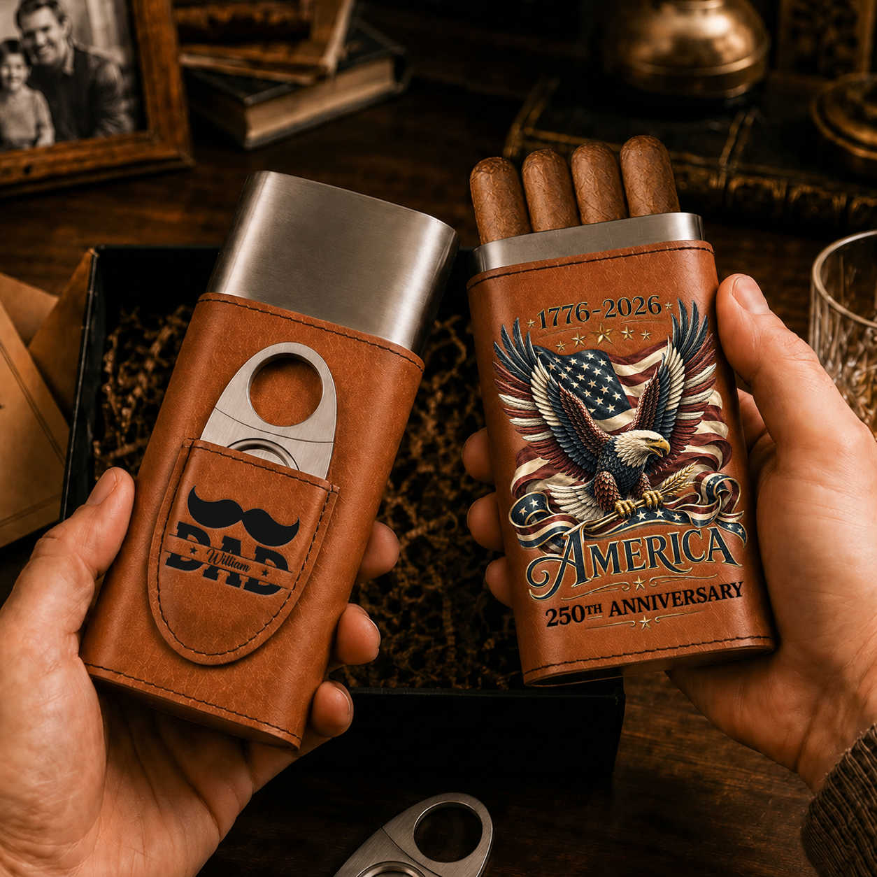 250 Years Of Freedom - Gift For Him, Travel Leather Case With Cutter - Personalized Cigar Case