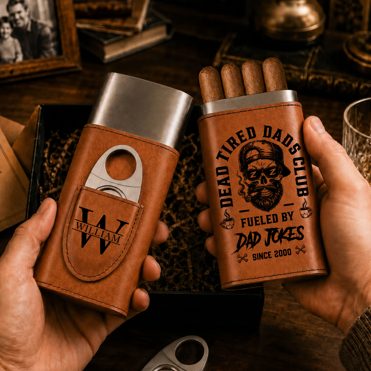 Dead Tired Dads Club - Gift For Him, Travel Leather Case With Cutter - Personalized Cigar Case