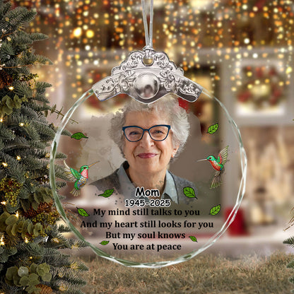 Custom Photo Memorial My Mind Still Talks To You - Personalized Glass Ornament With Silver and Gold Cap