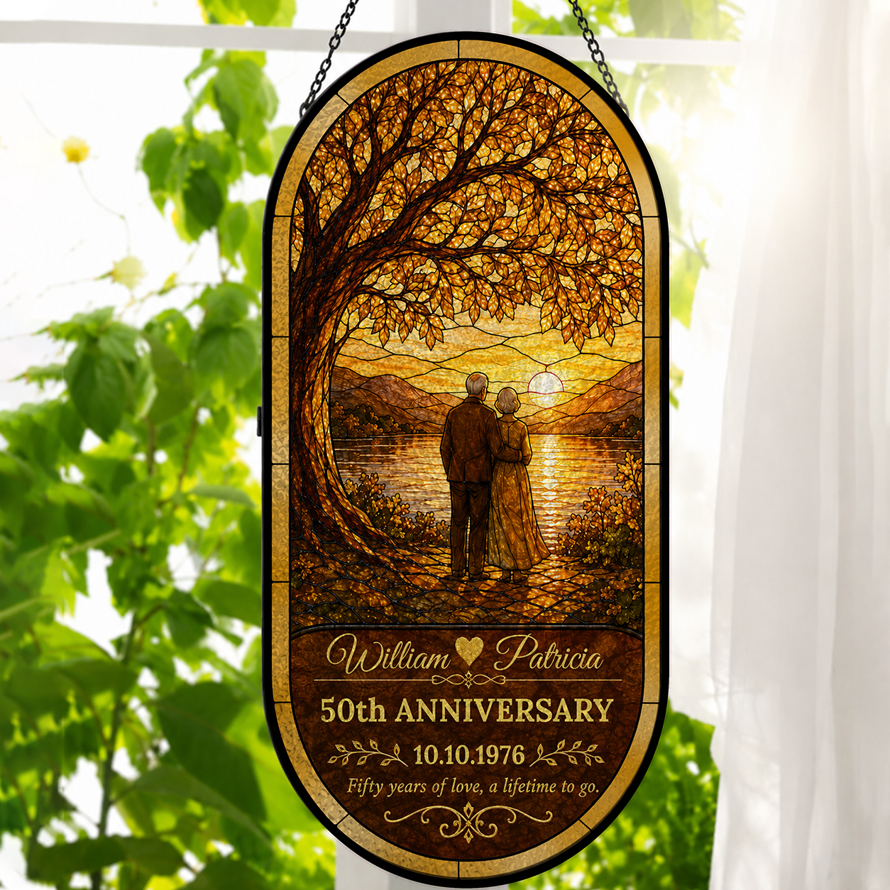 Our Anniversary - Personalized Oval Stained Glass Suncatcher